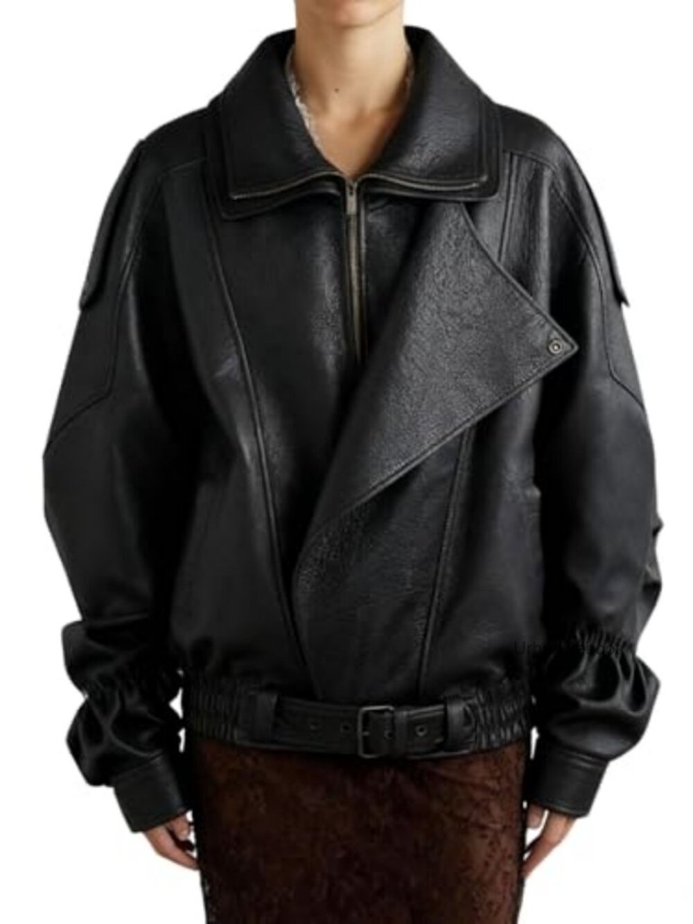 Oversized Faux Leather Moto Jacket with Belted Waist Vintage Lapel Collar